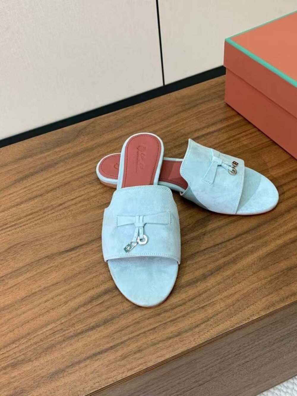 Loro Piana Light Baby Blue Suede Flat Slide Sandals Bow Gold Hardware - Picture 3 of 6